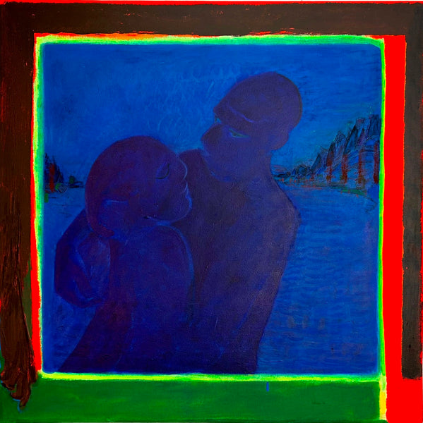 Abstract artwork with two figures against a blue background, framed by colorful borders.