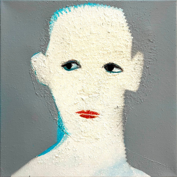 Painting of a textured white face with blue shadow and red lips on a gray background