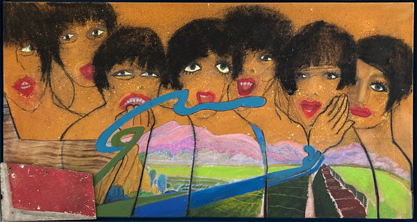 Acrylic and charcoal painting of multiple women with a landscape in the background