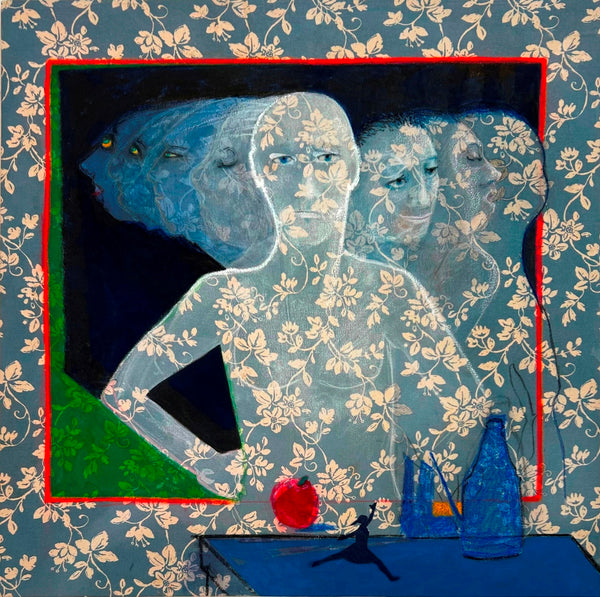 Abstract painting of a person with many faces with floral patterns on a decorative background