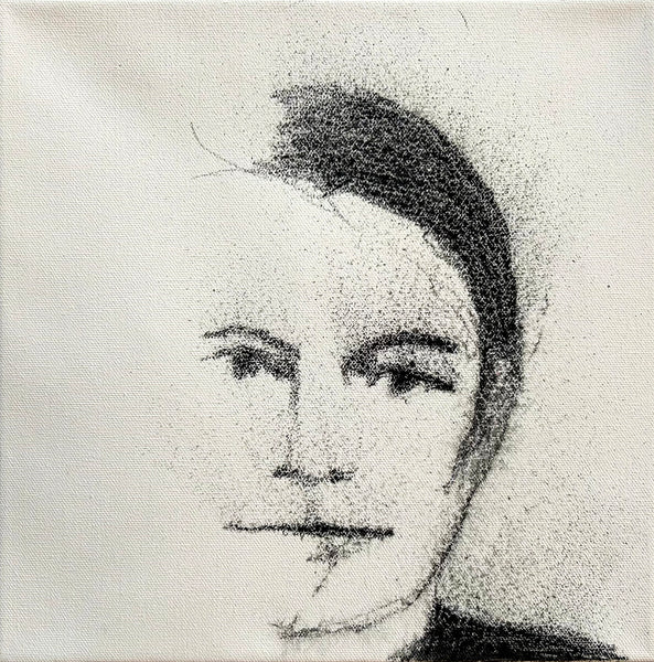 Charcoal dotwork portrait of a person on canvas