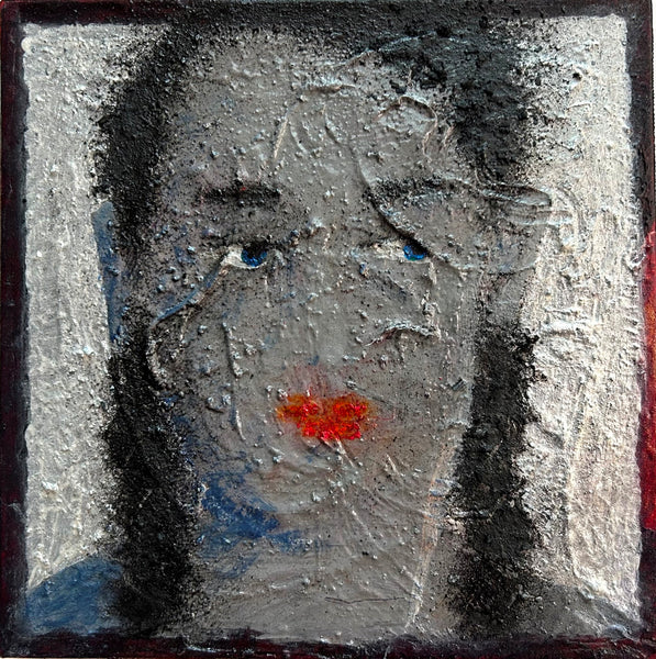 Abstract painting of a gray face with textured surface and red lips