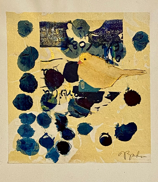 Gold Bird on Blues, mixed media painting by Pennsylvania artist Julie Zahn. Included in the exhibition Fine Feathered Friends at Cerulean Arts March 26 - April 20, 2025.