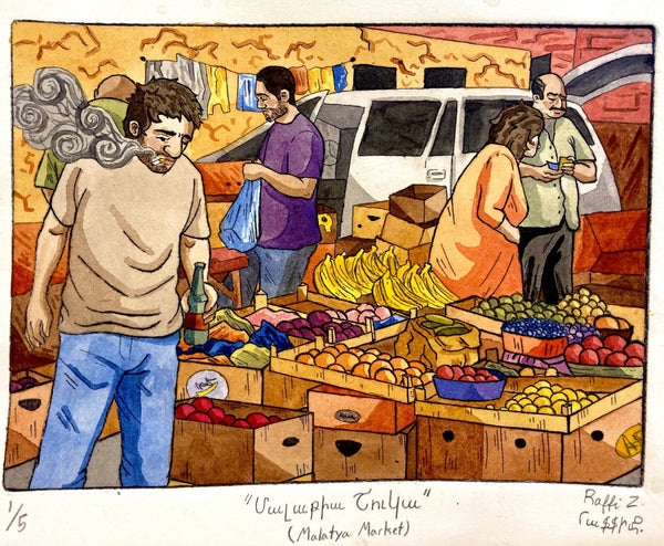 Malatya Market, intaglio print with watercolor by Philadelphia artist Raffi Zarzatian available at Cerulean Arts