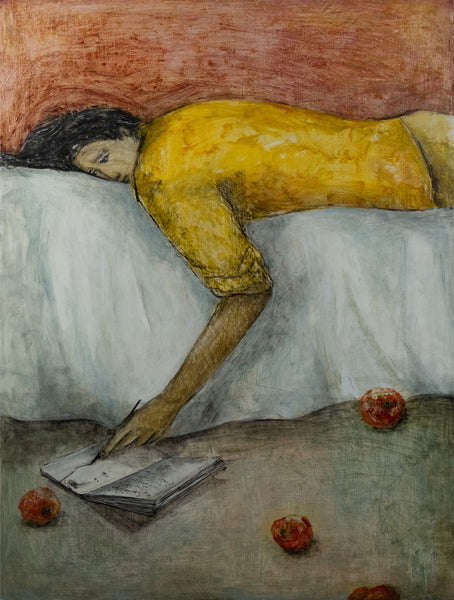 Artistic depiction of a person lying on a bed with a notebook and apples around, in a warm-toned room.