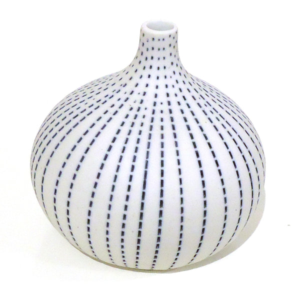 Gourd-shaped porcelain bud vase with stippled blue stripes available at Cerulean Arts. 