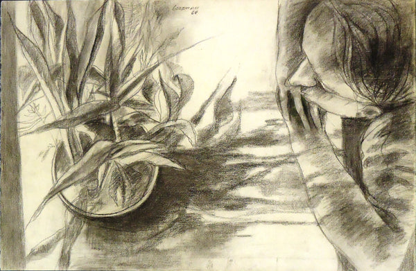 Figure and Plant, charcoal on paper drawing by Pennsylvania artist Sidney Goodman, signed and dated 1960, available at Cerulean Arts.