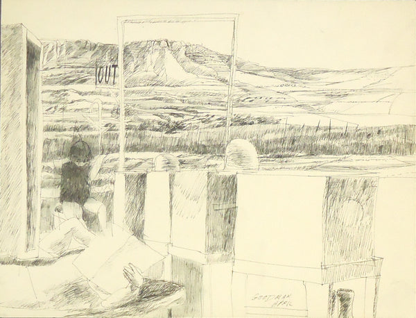 Figures in a Landscape, ink on paper drawing by Pennsylvania artist Sidney Goodman, signed and marked "April", c. 1970, available at Cerulean Arts. 