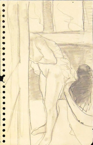 Bathroom Figures, graphite on paper drawing by Pennsylvania artist Sidney Goodman, c. 1964, available at Cerulean Arts. 