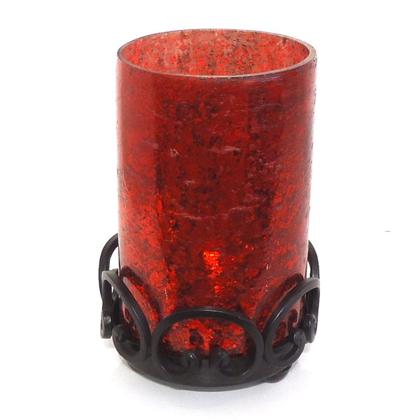 Red Glass Hurricane with Iron Base
