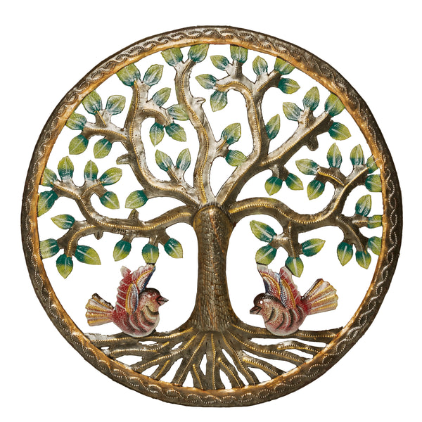 Haitian Metal Wall Sculpture: Large Painted Tree with Birds