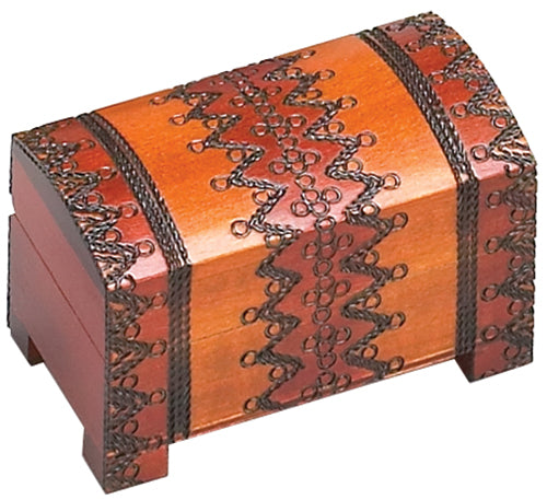 Carved wooden chest stained in shades of orange.