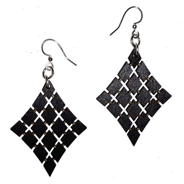 Wood Earrings - Black Floating Diamonds
