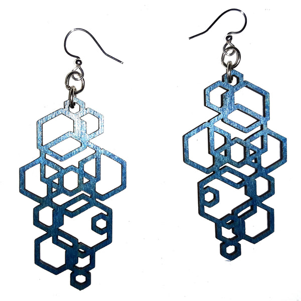 Wood Earrings - Blue Hexagon Cluster