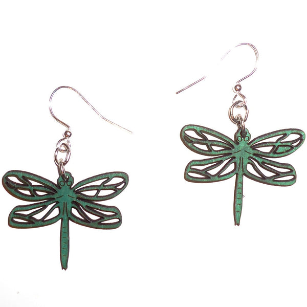 Wood Earrings - Emerald Dragonfly