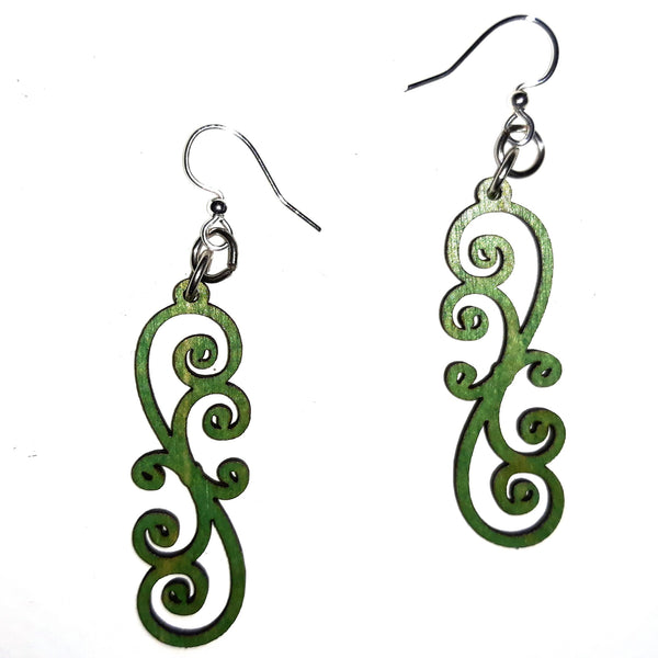 Wood Earrings - Emerald Scroll Vine