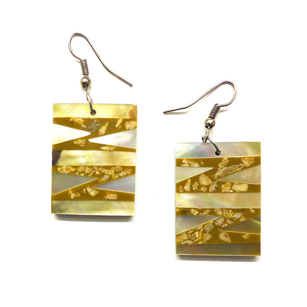 Rectangular mother of pearl earrings with inlaid geometric pattern, Available at Cerulean Arts.
