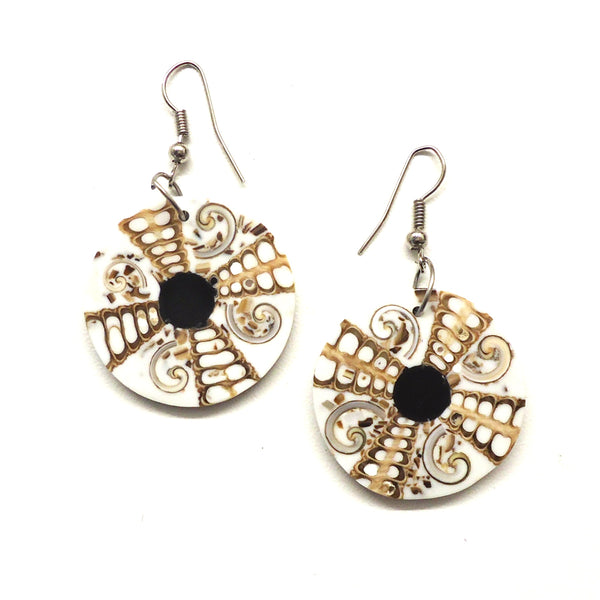 Round shell earrings with swirl pattern in cream, brown and black with silver colored wires, available at Cerulean Arts.