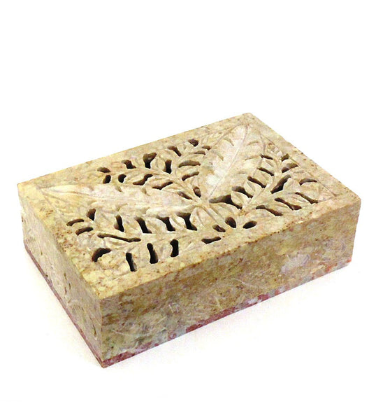 Carved foliate soapstone box with hinged lid available at Cerulean Arts.