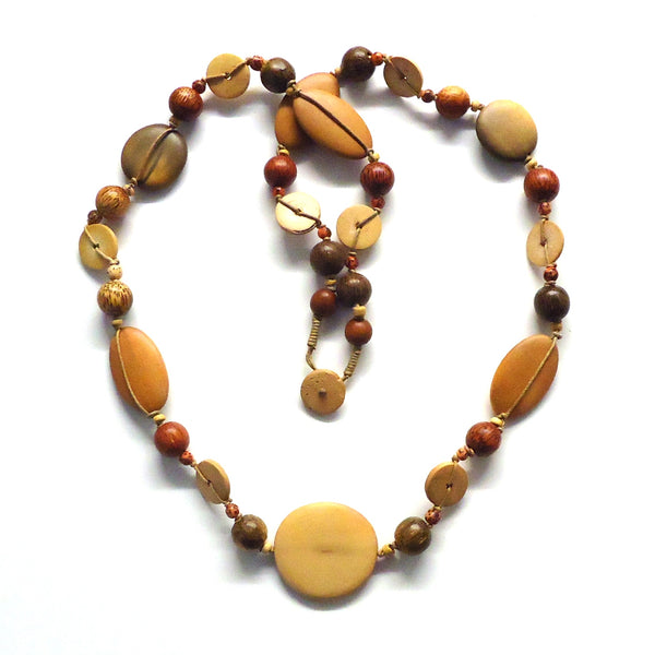 Multi bead necklace in light and dark natural wood tones available at Cerulean Arts.