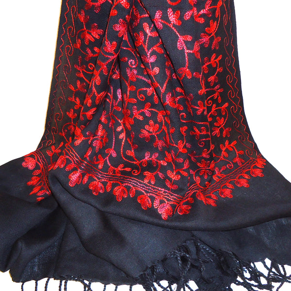 Black wool stole with embroidered floral pattern in ruby red. 