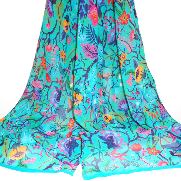 Vibrant floral and whimsical bird pattern on emerald green background scarf available at Cerulean Arts. 