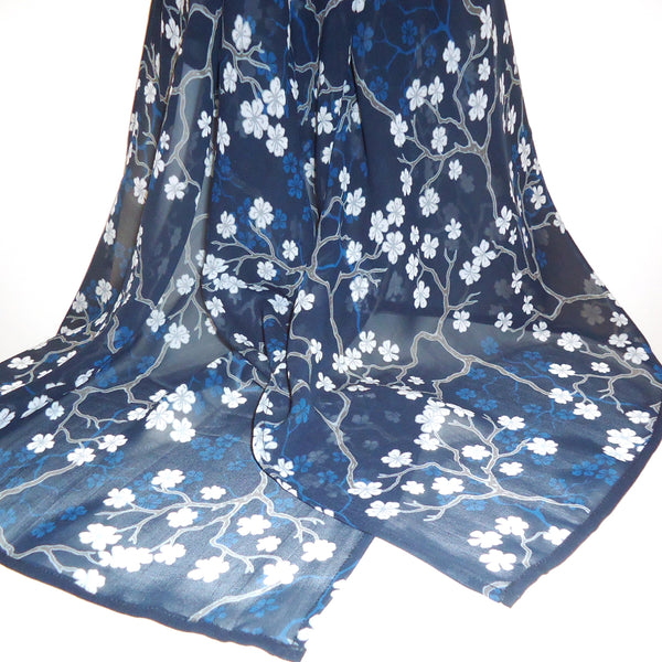 White and blue blossoms on navy background scarf available at Cerulean Arts. 
