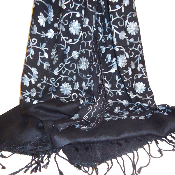 Embroidered Wool Shawl - Black & Silver