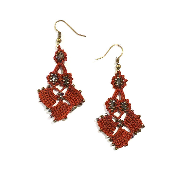Marsala colored silk crochet and seed bead earrings available at Cerulean Arts.  