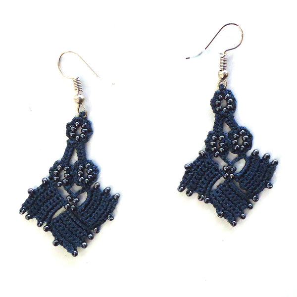 Navy colored silk crochet and seed bead earrings available at Cerulean Arts.