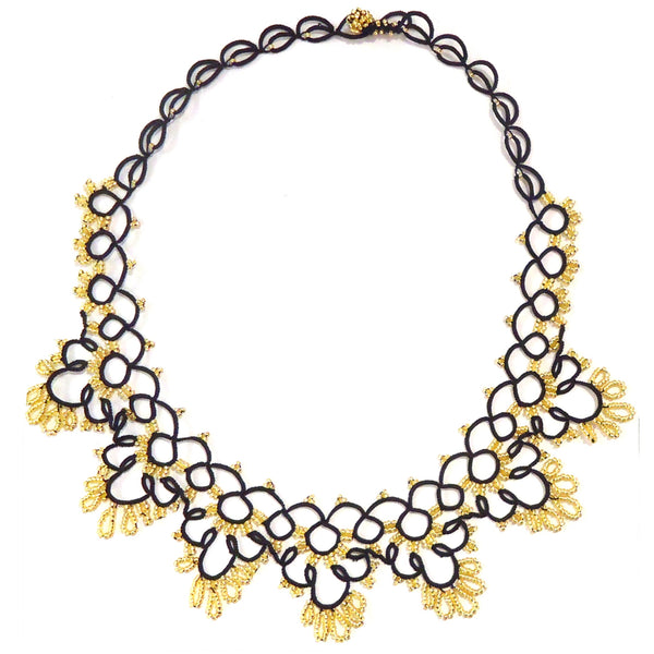 Silk Crochet and Seed Bead Necklace - Black & Gold