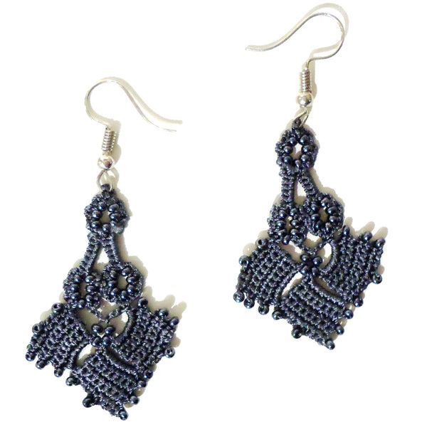 Charcoal colored silk crochet and seed bead earrings available at Cerulean Arts. 