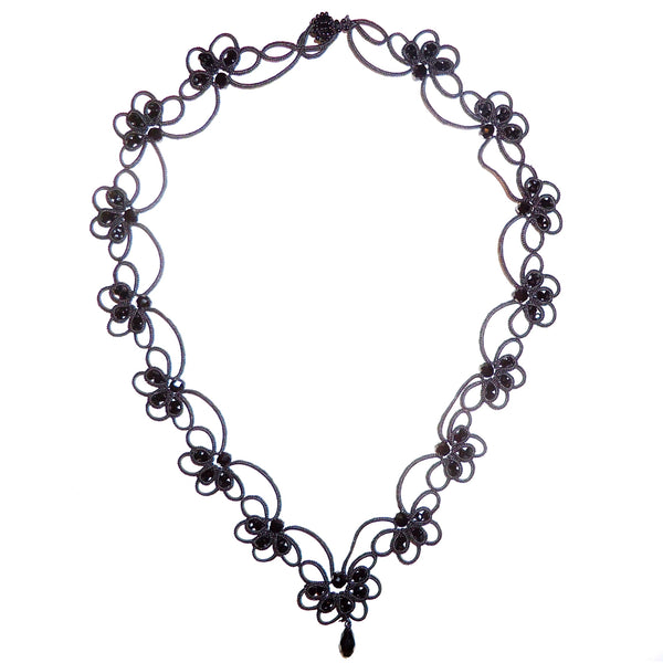 Silk Crochet and Faceted Bead Necklace - Black