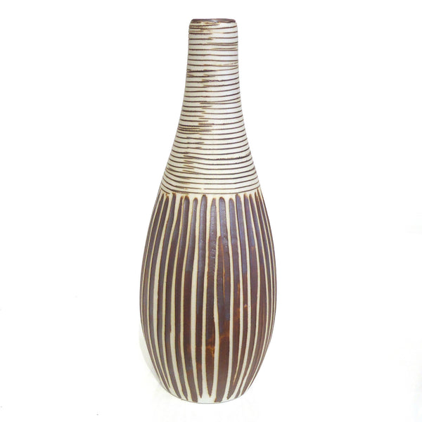 Tall porcelain bud vase with ribbed design in brown available at Cerulean Arts. 