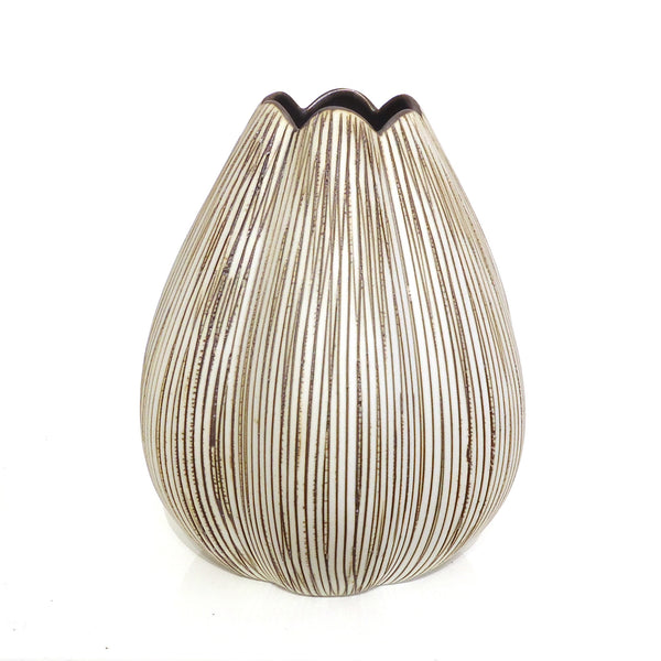 Tulip shaped porcelain vase with raked design in pewter gray available at Cerulean Arts. 