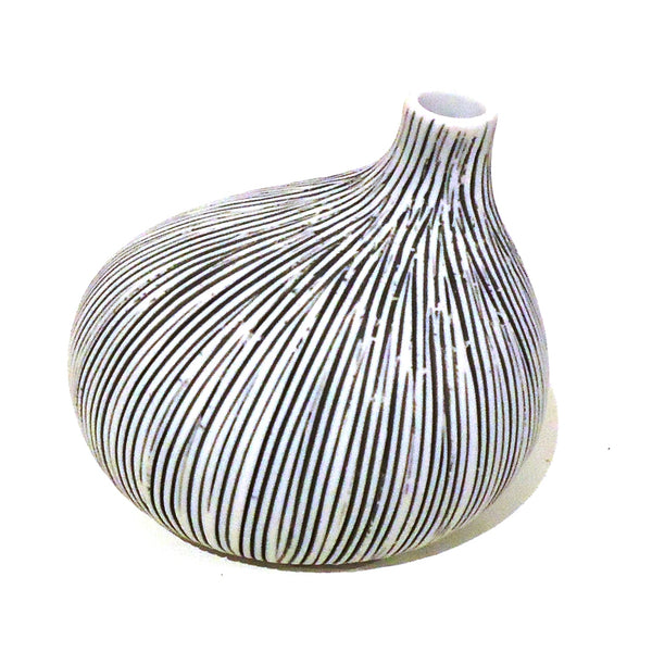 Asymmetrical porcelain bud vase with raked design in gray and white.  Handmade in Thailand. 