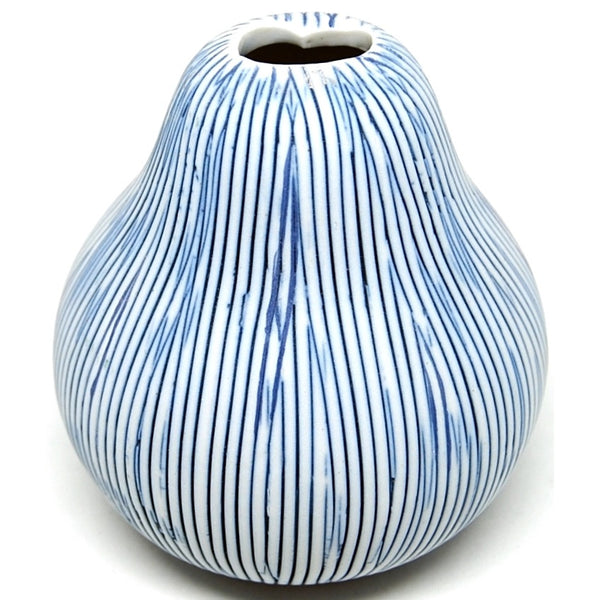 Pear-shaped porcelain bud vase in white with fine blue stripes available at Cerulean Arts.  Handmade in Thailand.  H 3 1/4" x W 2 3/4"