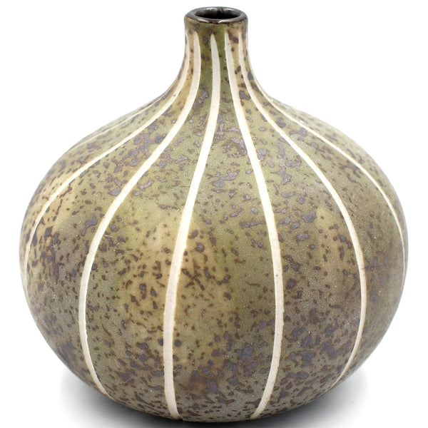 Gourd-shaped porcelain bud vase in mottled brown with white stripes available at Cerulean Arts. 