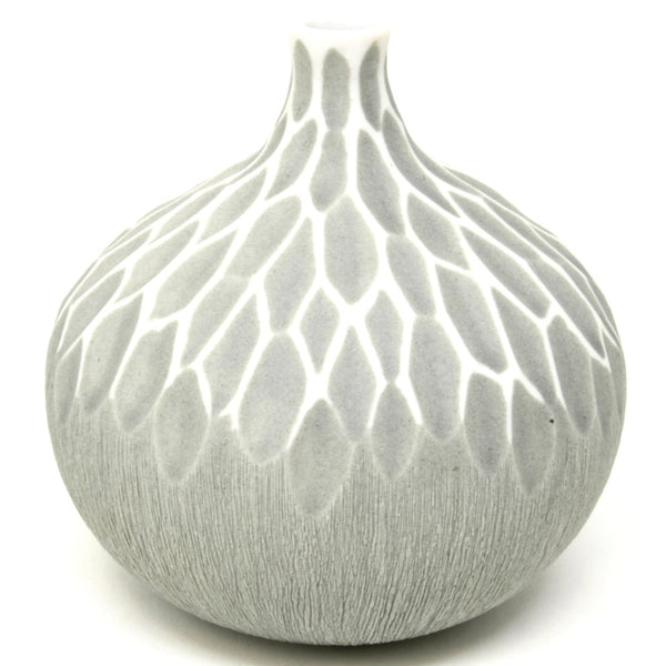 Gourd shaped porcelain bud vase with geometric texture in grey and white available at Cerulean Arts. 