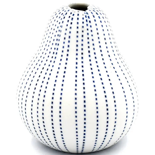 Pear-shaped porcelain bud vase with stippled blue stripe design available at cerulean Arts. 