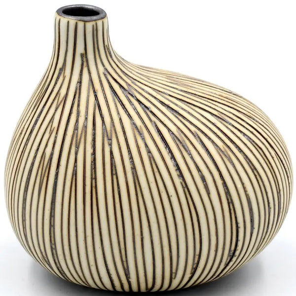 Asymmetrical porcelain bud vase with raked design in brown and white available at Cerulean Arts.