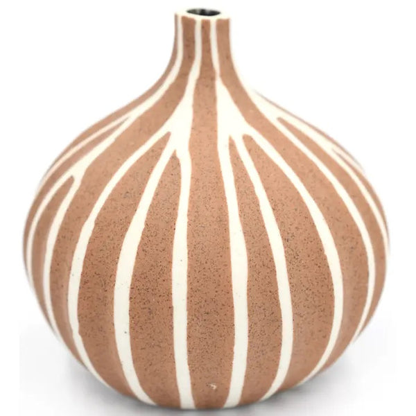 Gourd shaped porcelain bud vase with ribbed design in terracotta beige available at Cerulean Arts. 