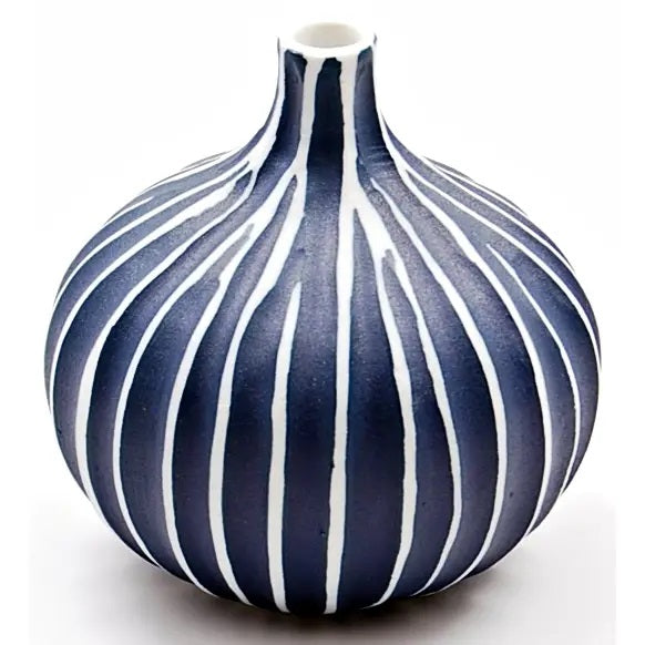 Gourd shaped porcelain bud vase with ribbed design in navy blue available at Cerulean Arts. 