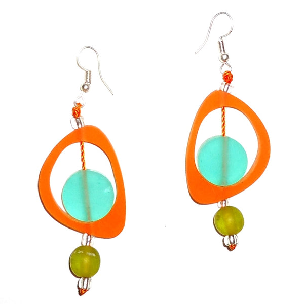 Bold tangerine ovoid resin earrings with teal circles, accented with chartreuse beads available at Cerulean Arts. 