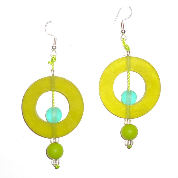 Bold chartreuse circular resin earrings with contrasting lime and sea green beads available at Cerulean Arts.  
