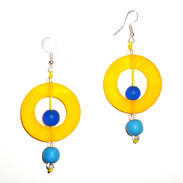 Bold yellow circular resin earrings with contrasting blue and turquoise beads Available at Cerulean Arts.  