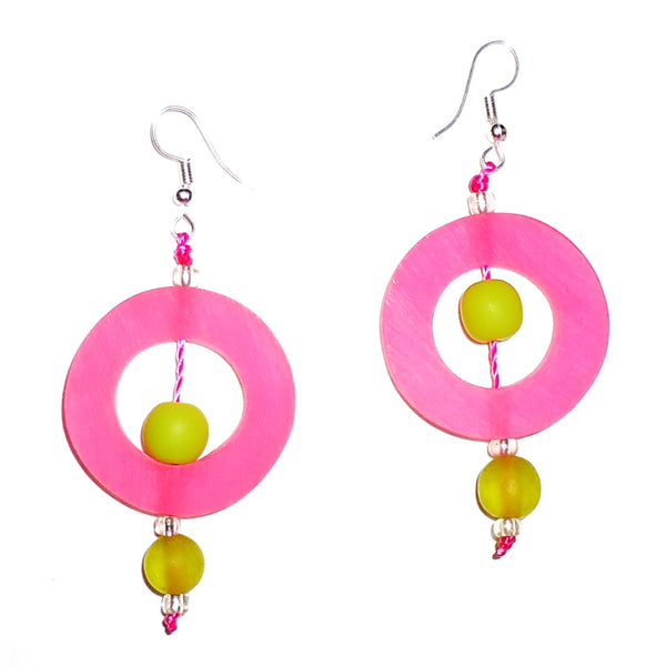 Bold pink circular resin earrings with contrasting lime green beads available at Cerulean Arts.