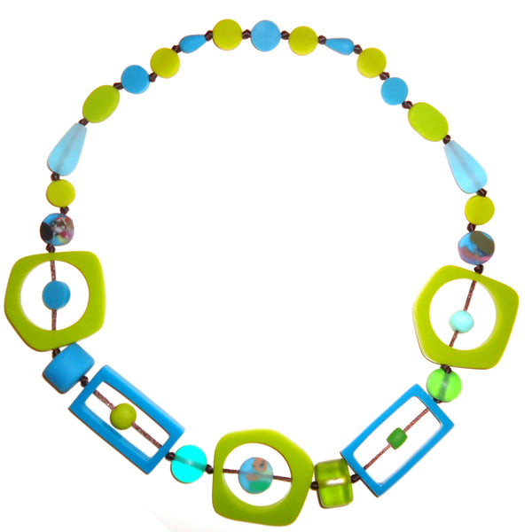 Bold handmade resin necklace with a mix of large, eye-catching beads in Lime and turquoise. 