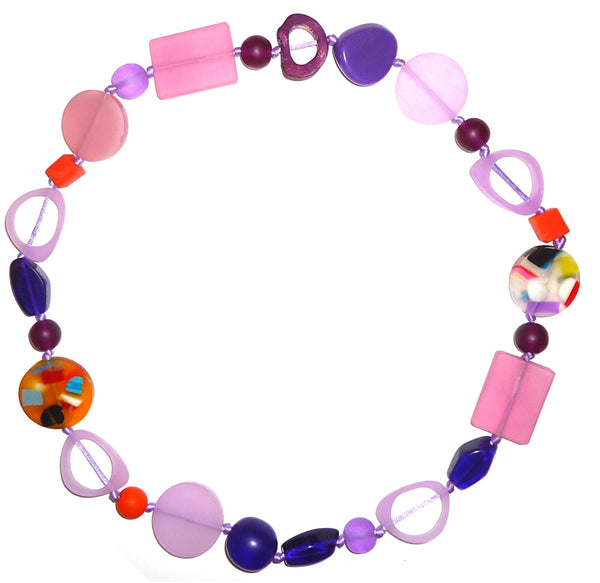Bold handmade resin necklace with a mix of large, eye-catching beads in shades of purple and complementary pops of orange available at Cerulean Arts.
