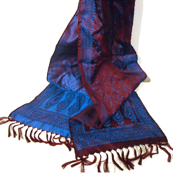Silk brocade scarf with paisley pattern in teal and plum available at Cerulean Arts. 